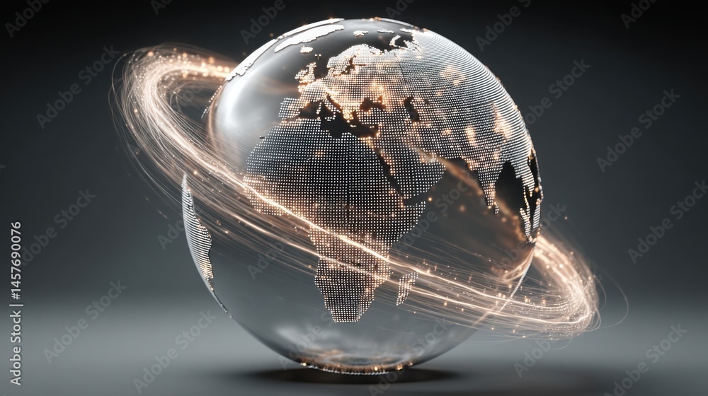 Poster a globe surrounded by a dynamic light trail representing global digital passport financial systems a