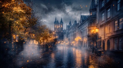 Misty cobblestone street with glowing lamps and church