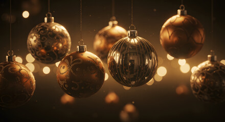 Hanging Christmas Ornaments with Bokeh Lights Background