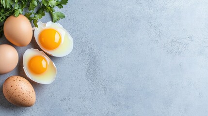 Fresh eggs with yolks and parsley on gray background