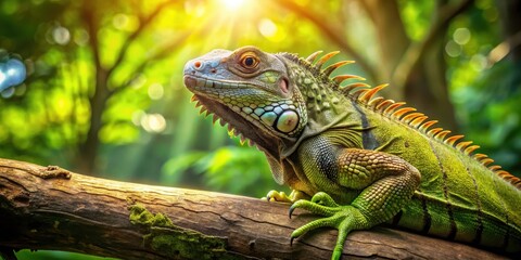 Fototapeta premium Iguana perched on a large tree branch in a lush green forest, with its scaly skin glistening in the sunlight, reptile, tree