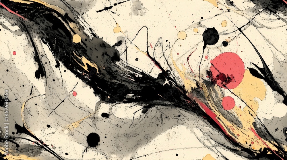 Poster abstract seamless pattern painting with dynamic black swirls and colorful splashes on a light backgr
