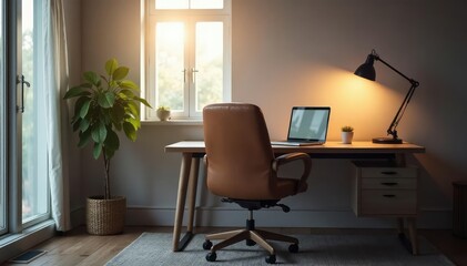 Empty chair at desk facing laptop, quiet room, concentration, room, solitude