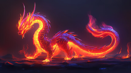 Mystical neon dragon: a digital painting of a fiery, serpentine creature. [Neon Fables] | Voltage Knights | charged honor. Illustration
