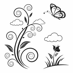 Elegant Vector Floral Design Featuring Butterfly And Clouds On White Background