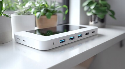 Multi-port USB-C hub dock with USB ports on a shelf featuring potted plants in background, peripheral device for modern computer, on a transparent background, PNG image, PNG file.