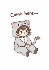 Adorable hand-drawn illustration of a child wearing a charming cat costume on a white background conveying a warm invitation and whimsical innocence