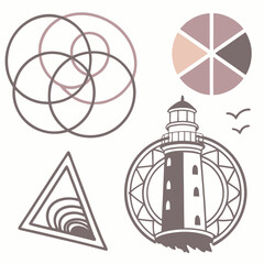 Abstract Coastal Icons With Lighthouse Circles Triangle And Color Palette Design
