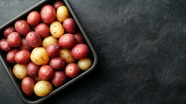 Golden oven-roasted potatoes in a baking tray symbolize warmth, comfort, and the simplicity of home-cooked meals, capturing the essence of rustic food preparation and nourishing tradition.

