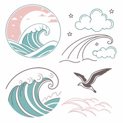 Ocean Waves,Clouds,And Seagull In Minimalist Line Art Style Illustration