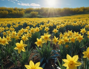Obraz premium Vast field of daffodils bathed in sunlight, vivid yellow against azure sky , petals, yellow