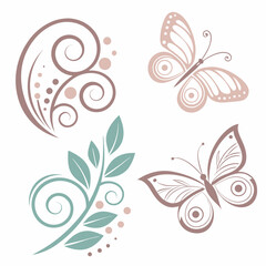 Butterflies And Swirls With Botanical Element Vector Design Composition
