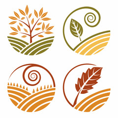 Abstract Farm Agriculture Vector Illustration Set With Tree,Leaf And Spiral Elements
