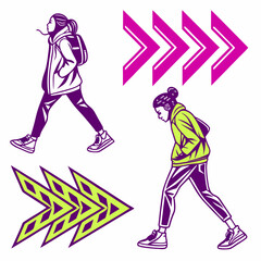Stylish Vector Illustration Of Walking Women And Graphic Arrows On White Backdrop