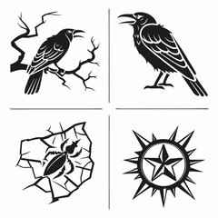 Gothic Themed Icons Set Crows Spider And Star In Black And White