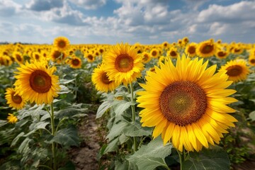 Fototapeta premium Vibrant sunflowers bloom in a lush field under a bright sky.