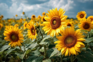 Fototapeta premium Vibrant sunflowers in a field under a cloudy sky, showcasing nature's beauty.