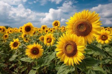 Obraz premium Vibrant sunflowers blooming under a blue sky with fluffy clouds in the background.