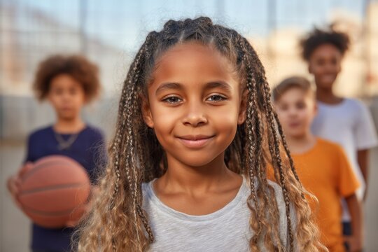 Smiling african female child with braided hair in playful outdoor basketball scene