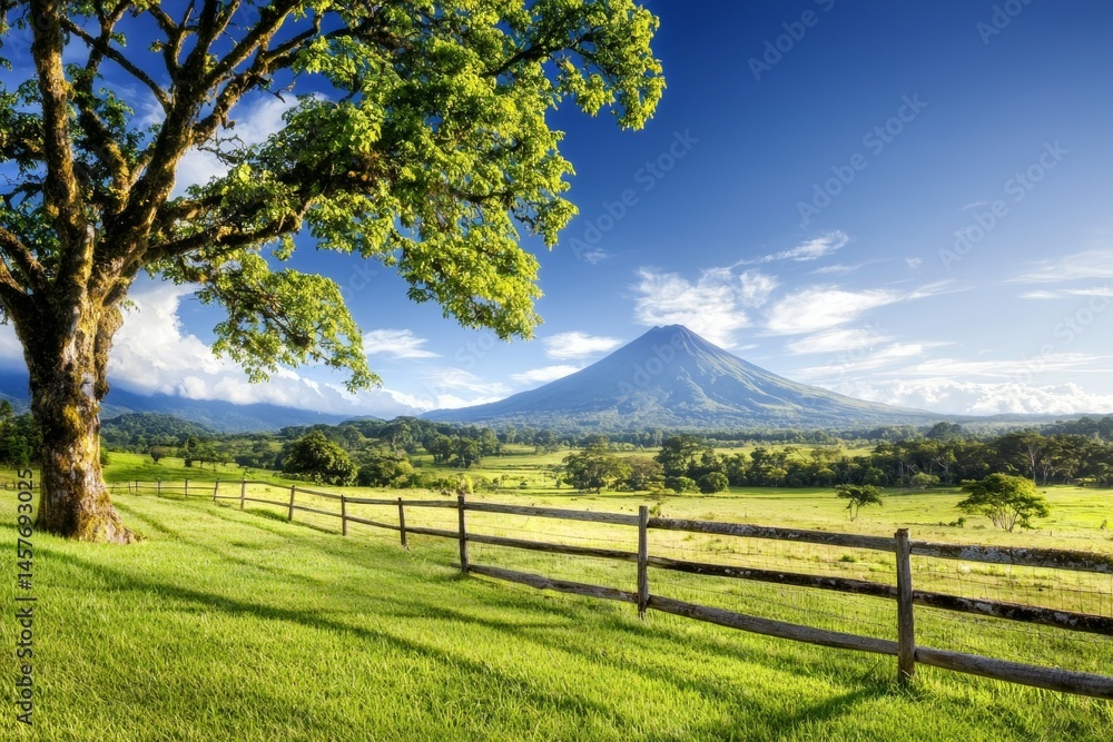 Poster a lush green field with a large tree in the foreground