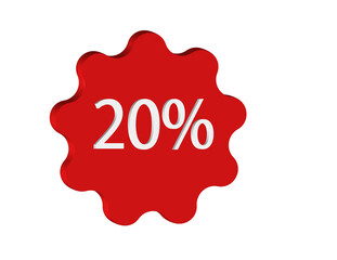 Simple 3D illustration of a red and white 20% off label icon