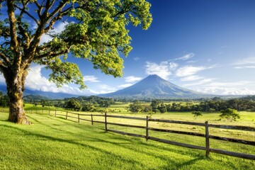 Fototapeta premium A lush green field with a large tree in the foreground