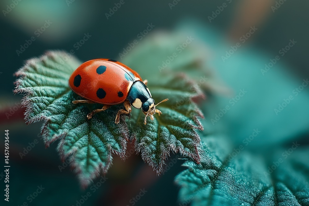 Poster a macro shot of ladybug on green leaf a ladybug resting on a green leaf with a soft focus background