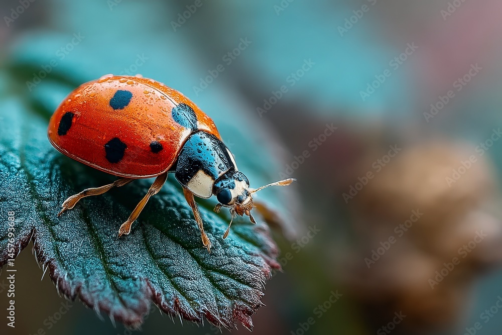 Poster a macro shot of ladybug on green leaf a close-up of a ladybug resting on a leaf with vibrant colors.