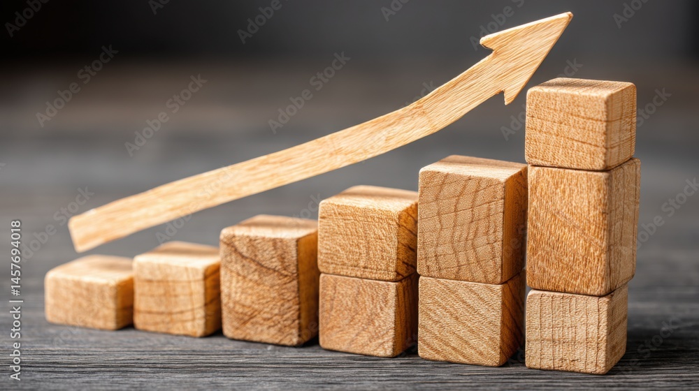 Poster wooden block with arrow indicating direction and growth in a conceptual financial context representi