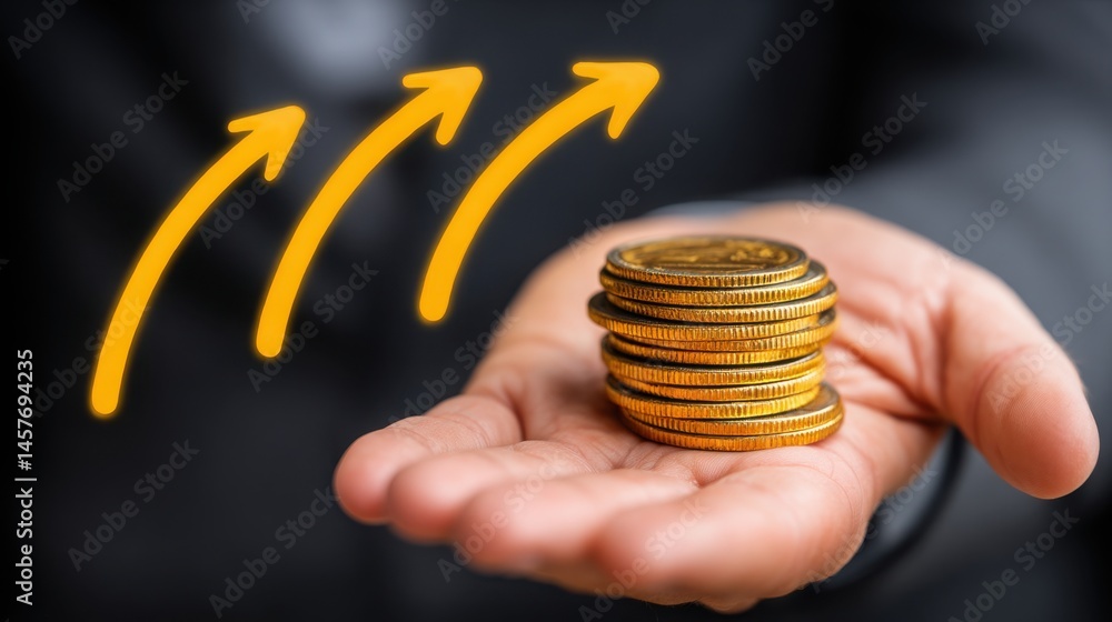 Poster hand holding a stack of coins illustrating hyperadaptive multi-asset portfolio managers concept in f