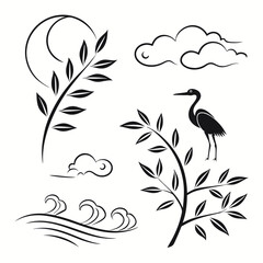 Simple Black And White Nature Illustration With Crane And Water Waves