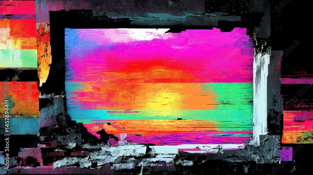 Poster abstract pixel glitch texture broken frame vibrant neon abstract colorful landscape framed by a text