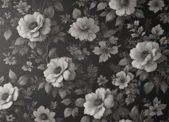 Obraz premium Subtle charcoal floral wallpaper, vintage print Delicate blooms & leaves , antique, wallcovering, art