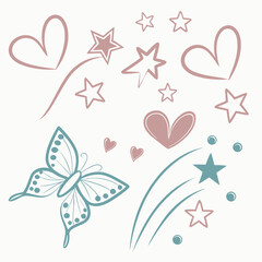 Hand Drawn Vector Design Of Butterfly Stars And Hearts On White Background