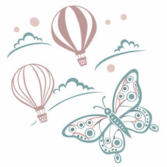 Whimsical Design With Hot Air Balloons Clouds And Butterfly Vector Illustration