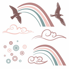 Birds Flying Across Rainbows With Clouds And Circular Graphic Elements