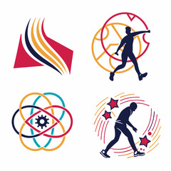 Abstract Graphic Collection Featuring Sports And Atom Inspired Designs On White