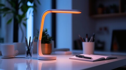 Contemporary desk arrangement with lamp, notebook, stationery, and plant, showcasing home office ambiance, study or work setup on a transparent background, PNG image, PNG file.