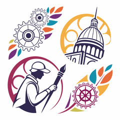 Creative Industry Elements With Artist,Gears,Building And Colorful Shapes Composition