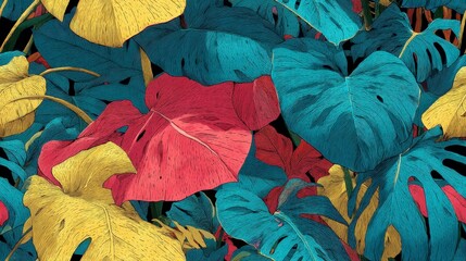 Tropical leaves monstera seamless pattern Vibrant illustration of colorful tropical leaves in a detailed, artistic style.
