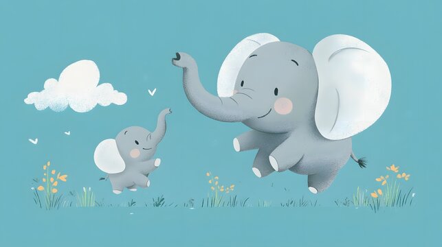 Joyful illustration of an elephant mother and calf playing in the sky.