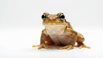 Obraz premium Small brown frog, perched, clean white backdrop, leaping, animal, tiny