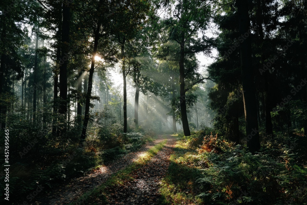 Poster wide shot of a forest path sunbeams through trees morning serene forest path illuminated by soft lig