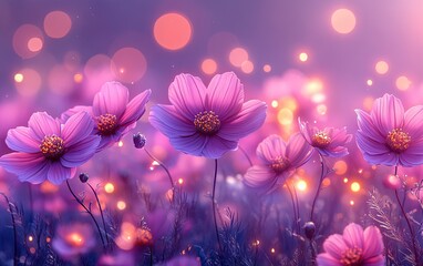 Fototapeta premium Pink cosmos flowers glowing at dusk, field background, nature website banner