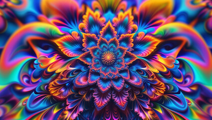 Fractal floral abstract with rainbow color bloom and detailed symmetrical patterns. Intricate digital design with vibrant geometry and kaleidoscopic effect. Ideal for creative, psychedelic, or spiritu