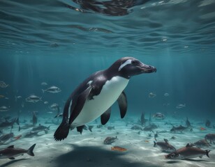 Fototapeta premium Humboldt penguin swimming underwater, surrounded by fish , water, marine life, underwater scene