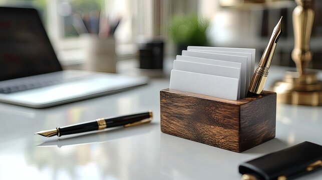 Stylish workspace setup featuring fountain pens, blank business cards, and laptop on desk, arranged elegantly; office equipment; desktop. on a transparent background, PNG image, PNG file.