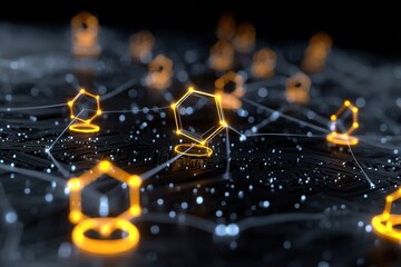 Glowing abstract network of hexagons and nodes.