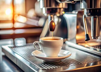 Elegant White Espresso Cup on Modern Coffee Machine in Cafe - Stock Photo