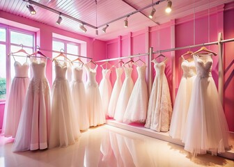 Elegant White Wedding Dresses Hanging in a Pink Bridal Shop